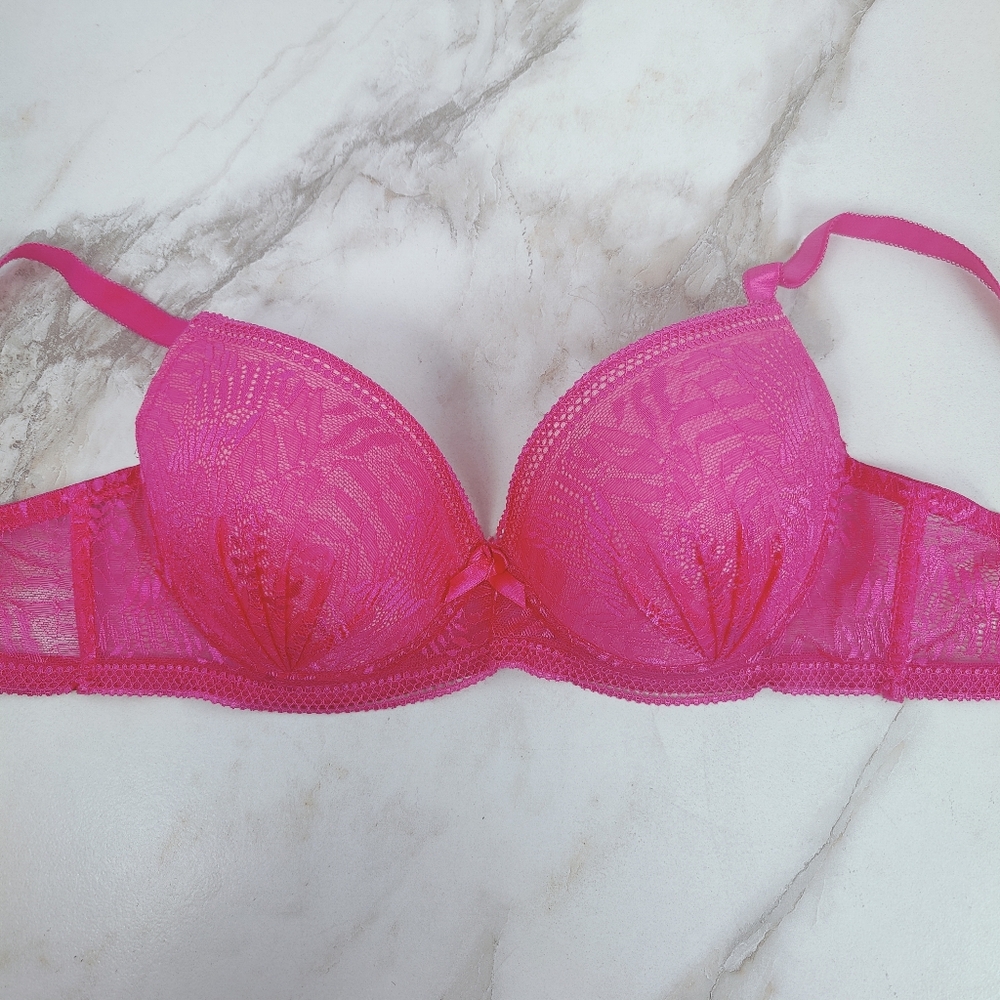 Black Bow Hot Pink Lace Lightly Lined Underwire Bra, Sz 38D